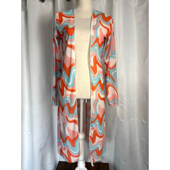 Unbranded Sweaters - Retro Abstract Print Duster Cardigan Open Front Long Sleeve L